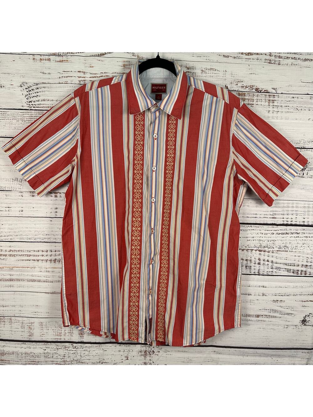 Mens VTG Y2K Tommy HILFIGER Red Label Cotton Embroidered Stripe SS Button Up MED